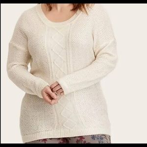 White knitted sweater with gold tones.